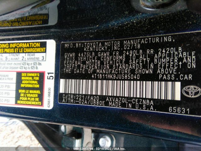 Photo 8 VIN: 4T1B11HK9JU585040 - TOYOTA CAMRY 