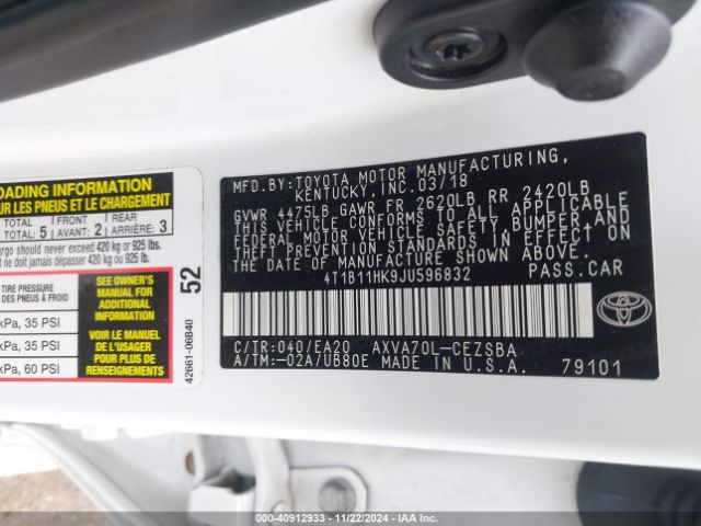 Photo 8 VIN: 4T1B11HK9JU596832 - TOYOTA CAMRY 