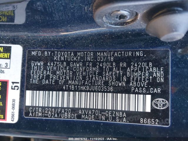 Photo 8 VIN: 4T1B11HK9JU603536 - TOYOTA CAMRY 