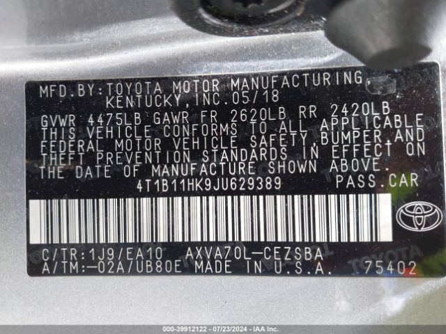 Photo 8 VIN: 4T1B11HK9JU629389 - TOYOTA CAMRY 