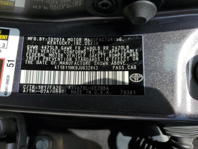 Photo 11 VIN: 4T1B11HK9JU632843 - TOYOTA CAMRY L 