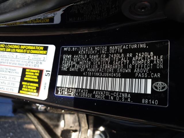 Photo 9 VIN: 4T1B11HK9JU640456 - TOYOTA CAMRY L 