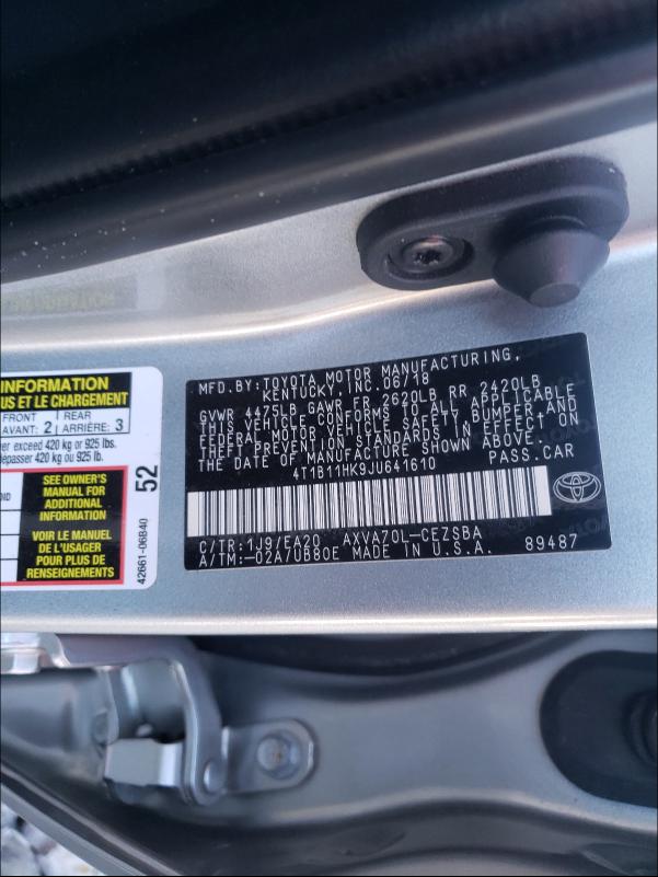 Photo 9 VIN: 4T1B11HK9JU641610 - TOYOTA CAMRY L 