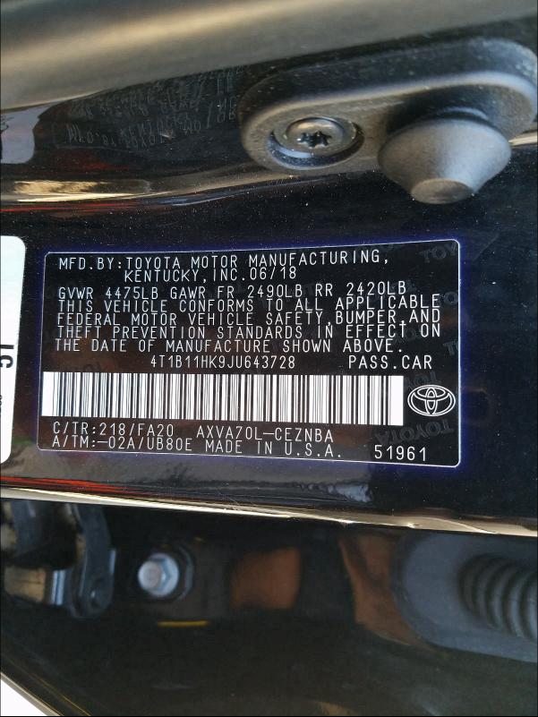 Photo 9 VIN: 4T1B11HK9JU643728 - TOYOTA CAMRY L 