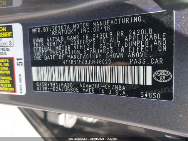 Photo 8 VIN: 4T1B11HK9JU646029 - TOYOTA CAMRY L 