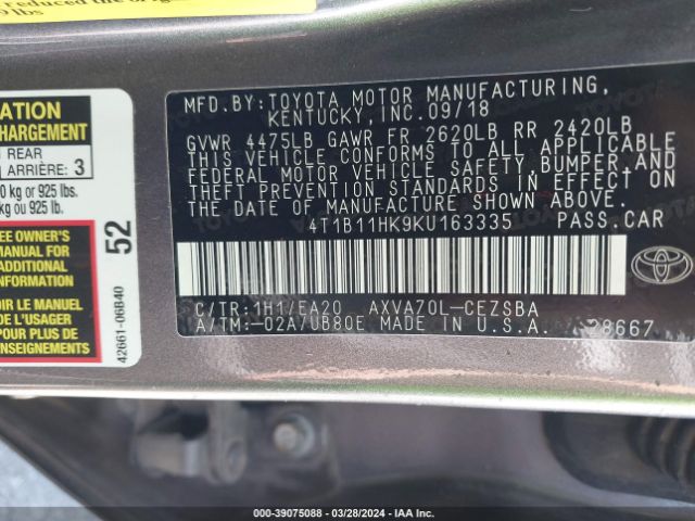 Photo 8 VIN: 4T1B11HK9KU163335 - TOYOTA CAMRY 