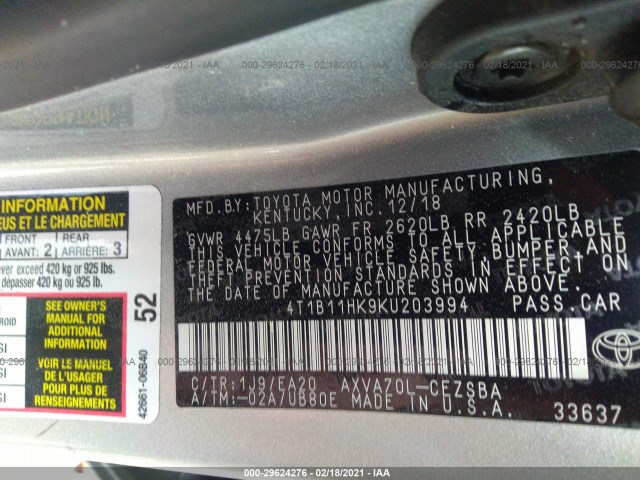 Photo 8 VIN: 4T1B11HK9KU203994 - TOYOTA CAMRY 