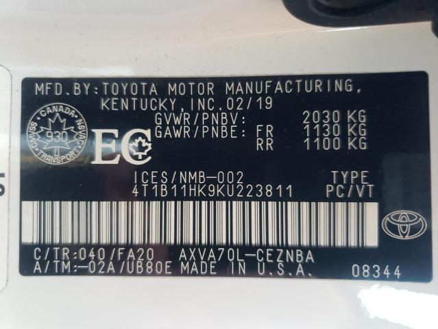 Photo 9 VIN: 4T1B11HK9KU223811 - TOYOTA CAMRY L 