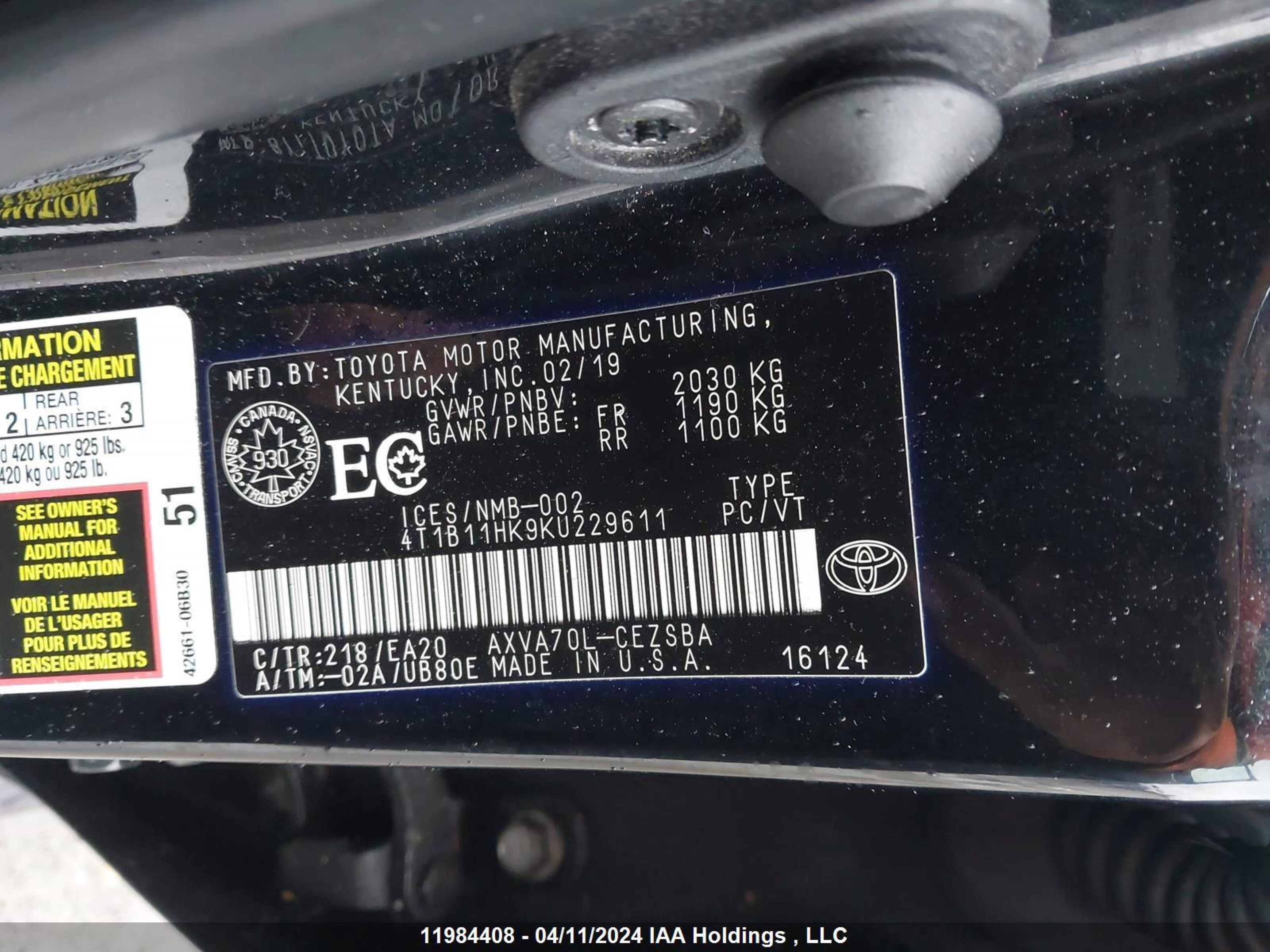 Photo 8 VIN: 4T1B11HK9KU229611 - TOYOTA CAMRY 