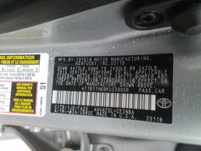 Photo 9 VIN: 4T1B11HK9KU239006 - TOYOTA CAMRY L 