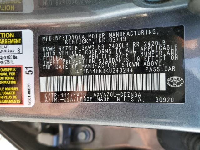 Photo 9 VIN: 4T1B11HK9KU240284 - TOYOTA CAMRY L 