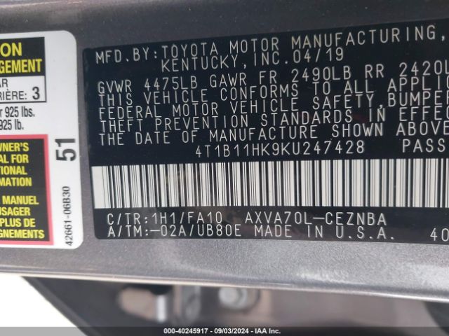 Photo 8 VIN: 4T1B11HK9KU247428 - TOYOTA CAMRY 