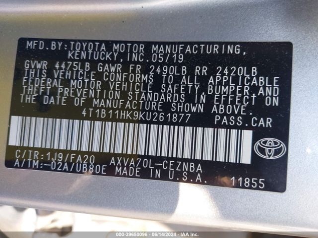 Photo 8 VIN: 4T1B11HK9KU261877 - TOYOTA CAMRY 