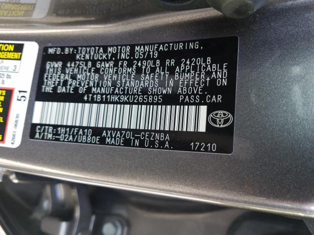 Photo 9 VIN: 4T1B11HK9KU265895 - TOYOTA CAMRY L 