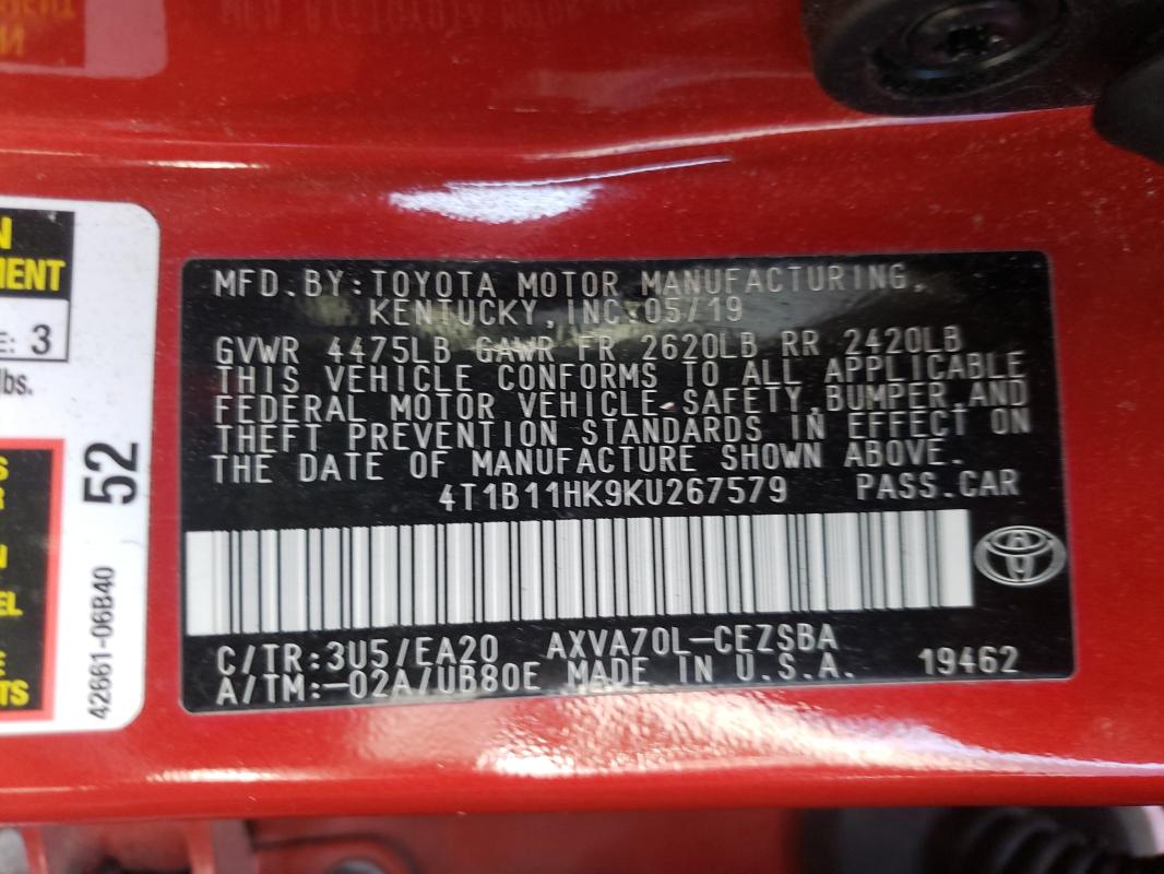 Photo 9 VIN: 4T1B11HK9KU267579 - TOYOTA CAMRY L 