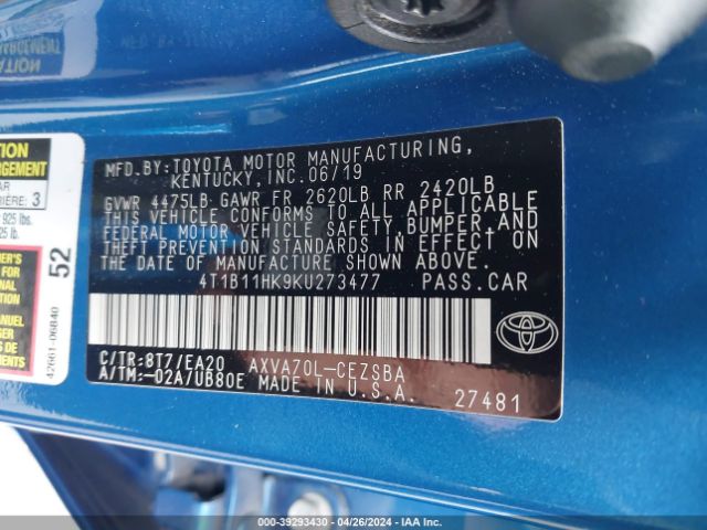 Photo 8 VIN: 4T1B11HK9KU273477 - TOYOTA CAMRY 