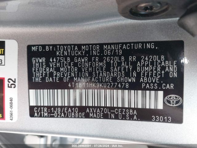 Photo 8 VIN: 4T1B11HK9KU277478 - TOYOTA CAMRY 