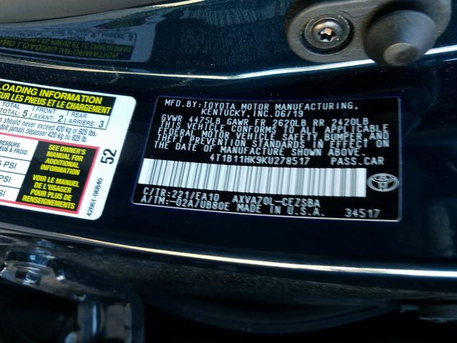 Photo 9 VIN: 4T1B11HK9KU278517 - TOYOTA CAMRY L 