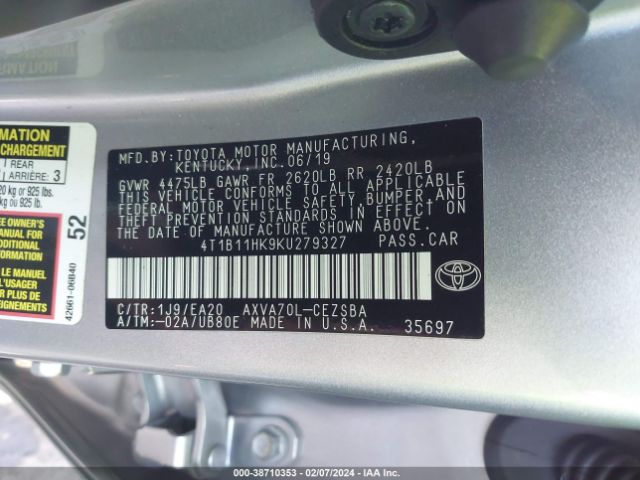 Photo 8 VIN: 4T1B11HK9KU279327 - TOYOTA CAMRY 