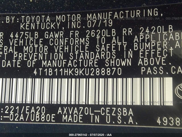 Photo 8 VIN: 4T1B11HK9KU288870 - TOYOTA CAMRY 