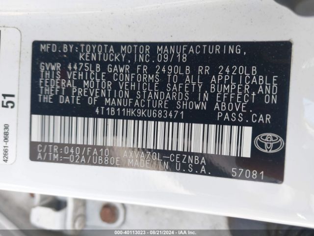 Photo 8 VIN: 4T1B11HK9KU683471 - TOYOTA CAMRY 