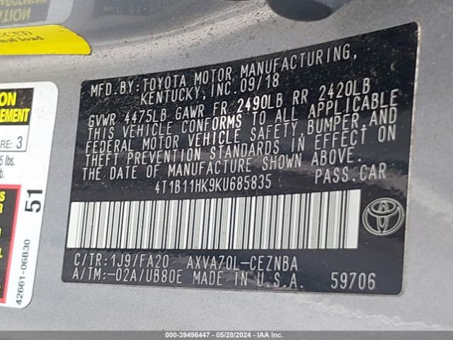 Photo 8 VIN: 4T1B11HK9KU685835 - TOYOTA CAMRY 