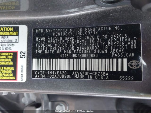 Photo 8 VIN: 4T1B11HK9KU690680 - TOYOTA CAMRY 