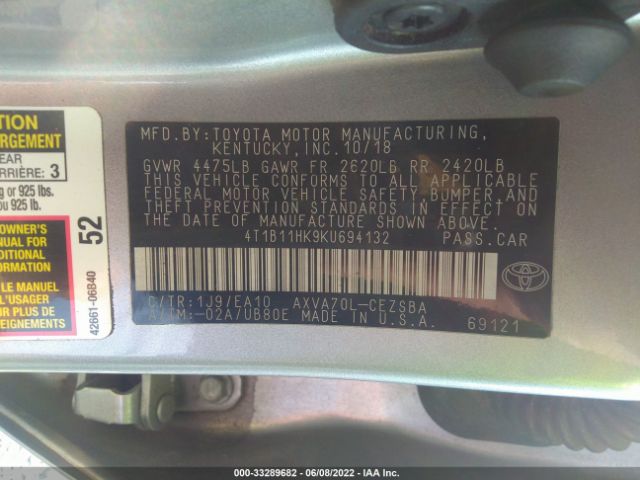 Photo 8 VIN: 4T1B11HK9KU694132 - TOYOTA CAMRY 