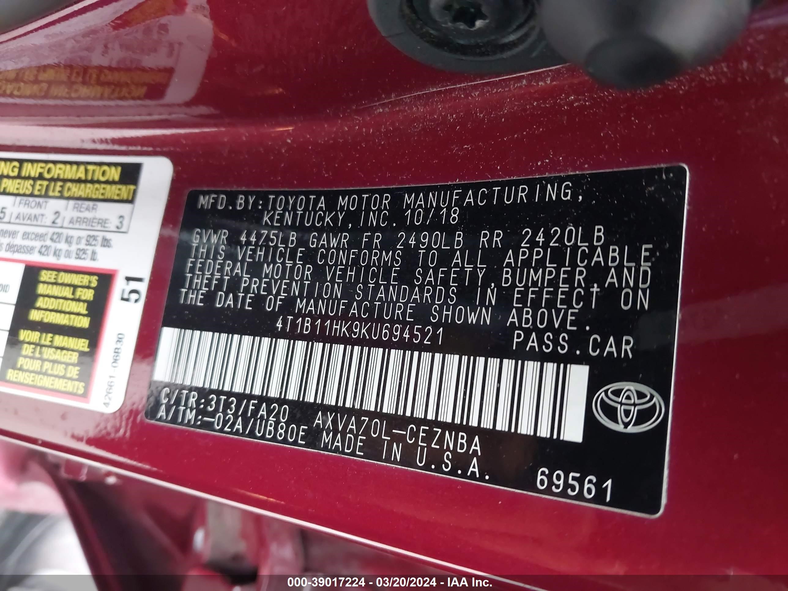 Photo 8 VIN: 4T1B11HK9KU694521 - TOYOTA CAMRY 