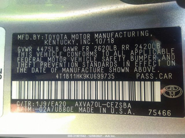 Photo 8 VIN: 4T1B11HK9KU699735 - TOYOTA CAMRY 