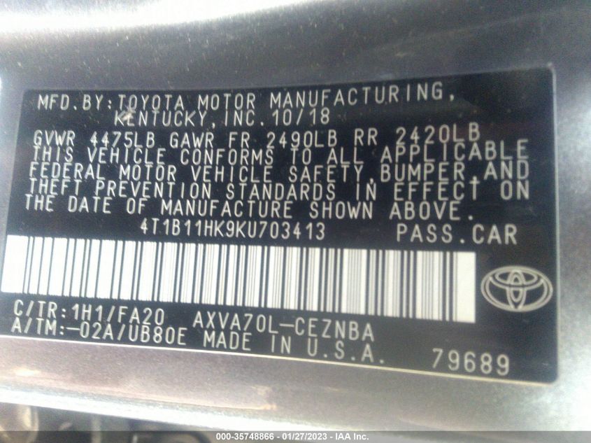 Photo 8 VIN: 4T1B11HK9KU703413 - TOYOTA CAMRY 