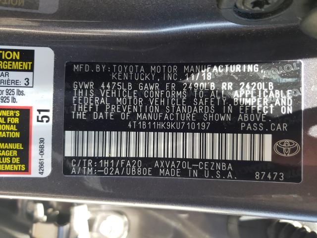 Photo 9 VIN: 4T1B11HK9KU710197 - TOYOTA CAMRY L 