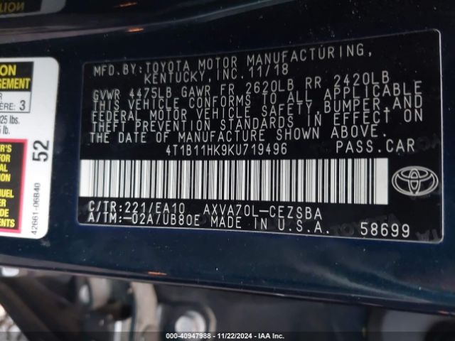 Photo 8 VIN: 4T1B11HK9KU719496 - TOYOTA CAMRY 