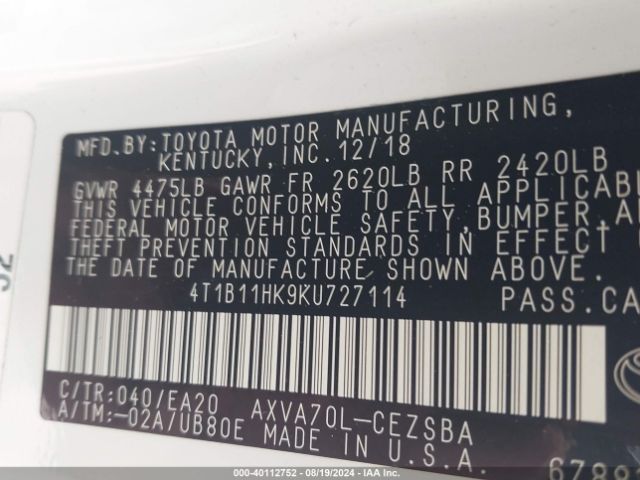 Photo 8 VIN: 4T1B11HK9KU727114 - TOYOTA CAMRY 