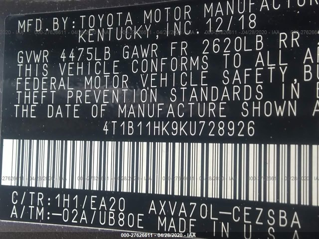 Photo 8 VIN: 4T1B11HK9KU728926 - TOYOTA CAMRY 