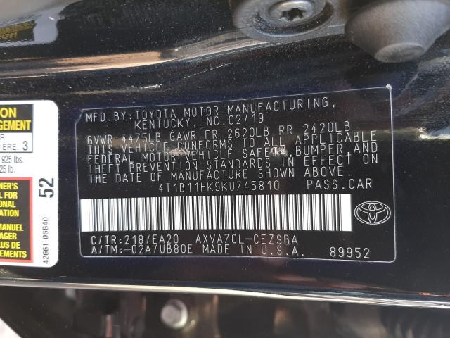 Photo 9 VIN: 4T1B11HK9KU745810 - TOYOTA CAMRY L 