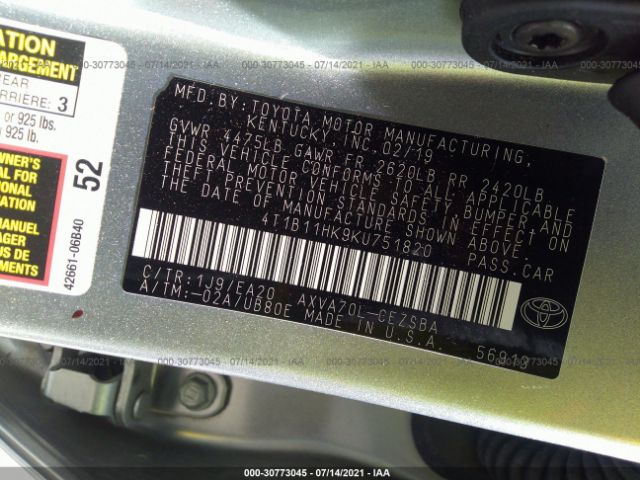 Photo 8 VIN: 4T1B11HK9KU751820 - TOYOTA CAMRY 