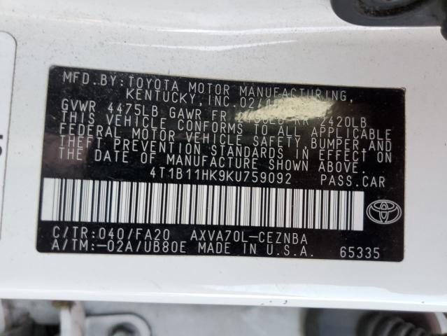 Photo 11 VIN: 4T1B11HK9KU759092 - TOYOTA CAMRY 