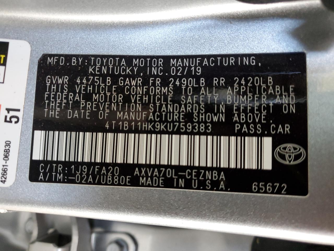 Photo 11 VIN: 4T1B11HK9KU759383 - TOYOTA CAMRY 