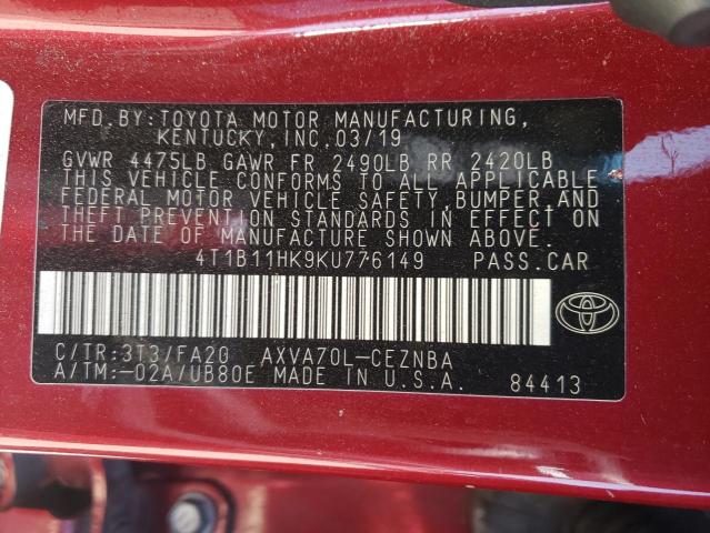 Photo 9 VIN: 4T1B11HK9KU776149 - TOYOTA CAMRY L 