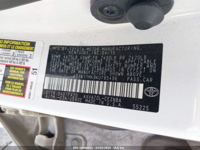 Photo 8 VIN: 4T1B11HK9KU785496 - TOYOTA CAMRY 