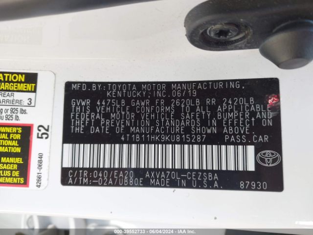 Photo 8 VIN: 4T1B11HK9KU815287 - TOYOTA CAMRY 