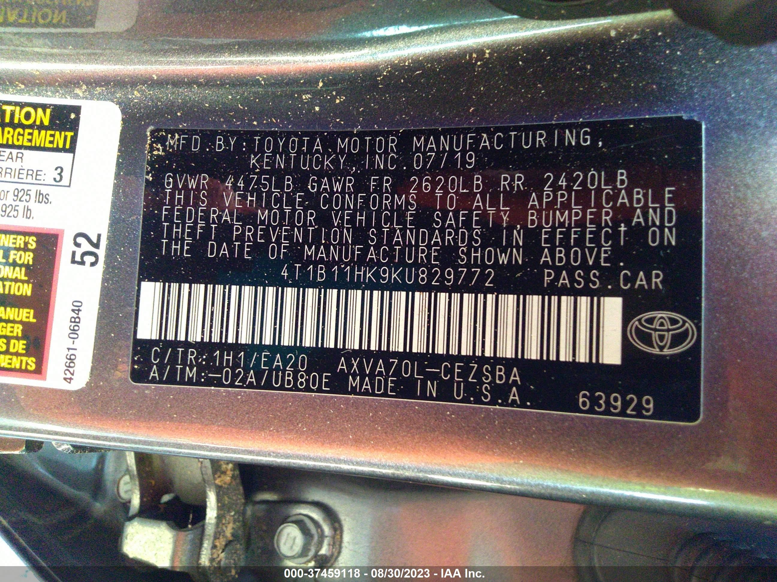 Photo 8 VIN: 4T1B11HK9KU829772 - TOYOTA CAMRY 