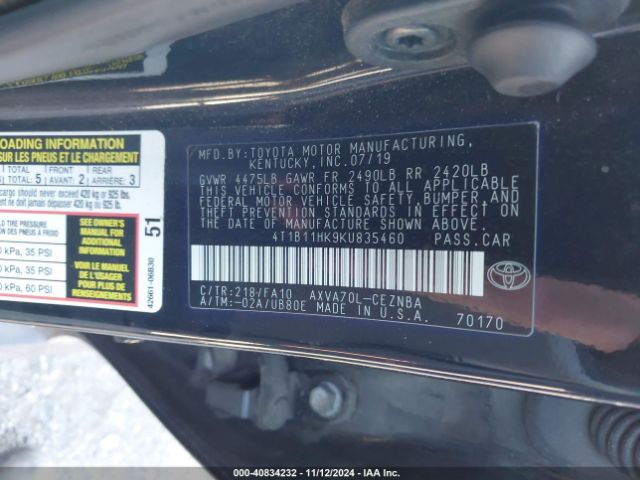 Photo 8 VIN: 4T1B11HK9KU835460 - TOYOTA CAMRY 