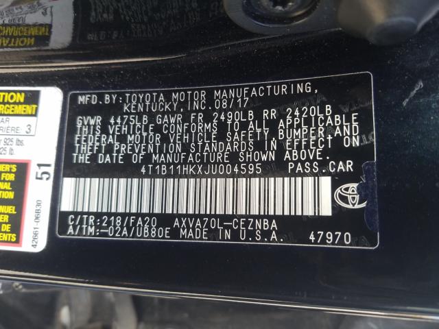 Photo 9 VIN: 4T1B11HKXJU004595 - TOYOTA CAMRY L 