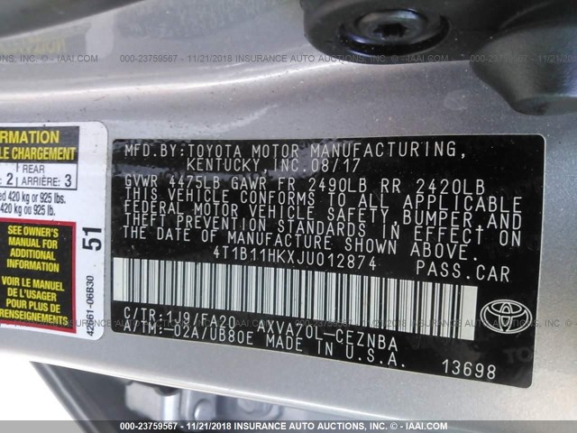 Photo 8 VIN: 4T1B11HKXJU012874 - TOYOTA CAMRY 