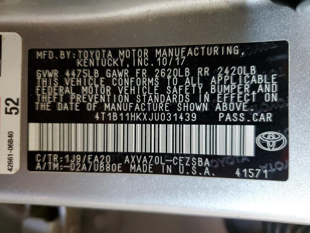 Photo 11 VIN: 4T1B11HKXJU031439 - TOYOTA CAMRY 