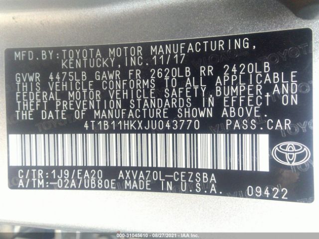 Photo 8 VIN: 4T1B11HKXJU043770 - TOYOTA CAMRY 