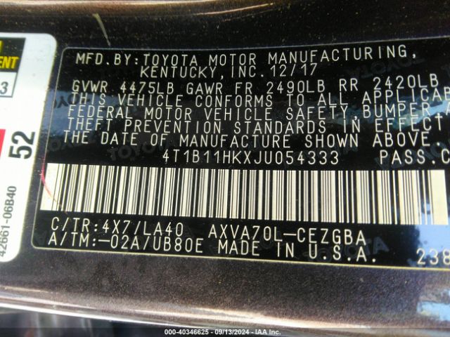 Photo 8 VIN: 4T1B11HKXJU054333 - TOYOTA CAMRY 