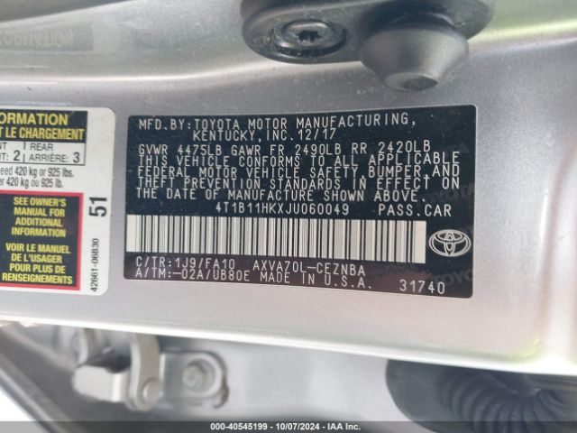 Photo 8 VIN: 4T1B11HKXJU060049 - TOYOTA CAMRY 